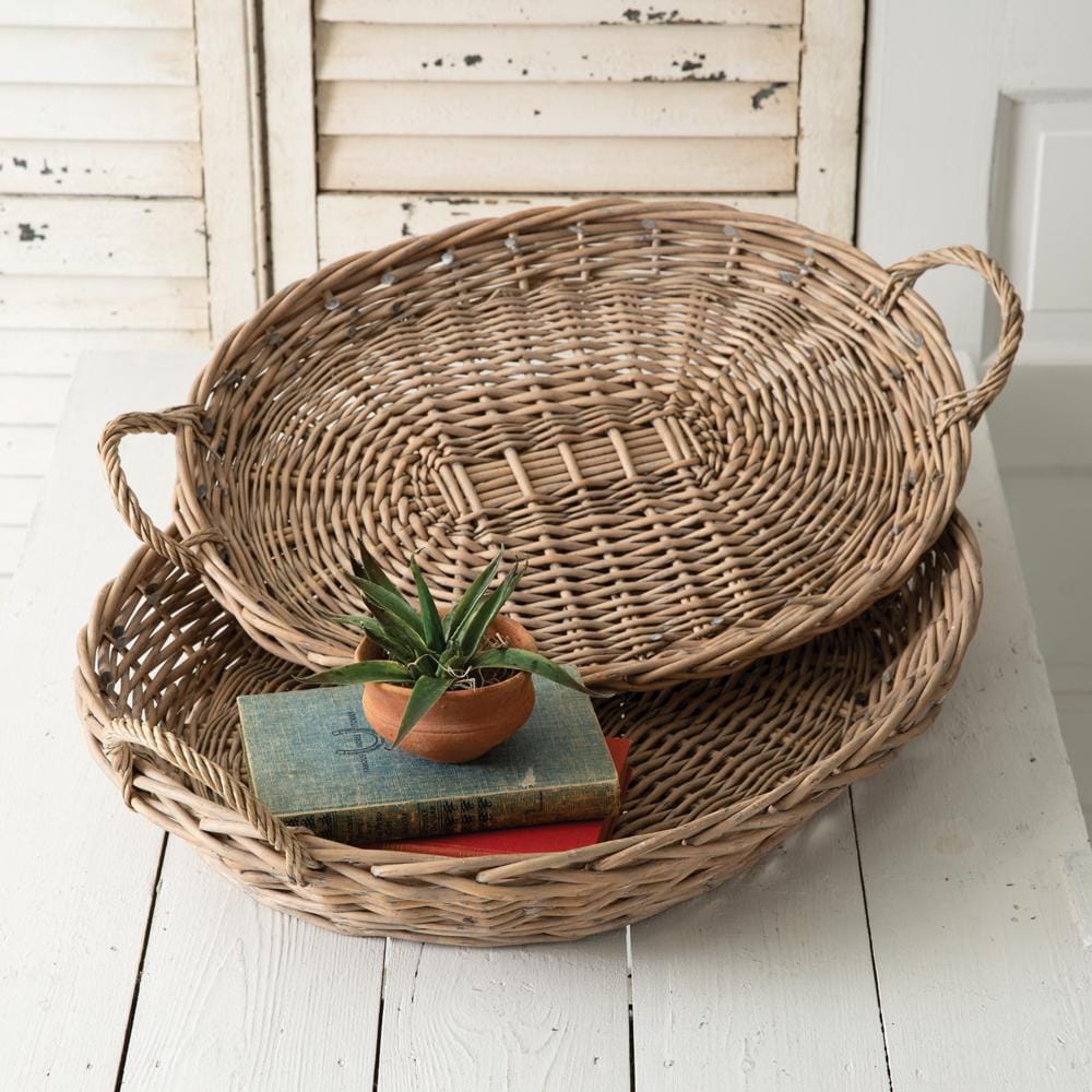 Set of Two Large Oval Wicker Trays - Rustic Decorative Wall or Table Trays