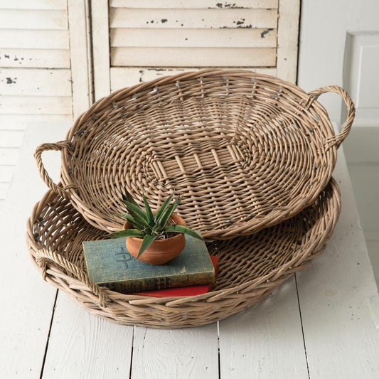 Set of Two Large Oval Wicker Trays - Rustic Decorative Wall or Table Trays