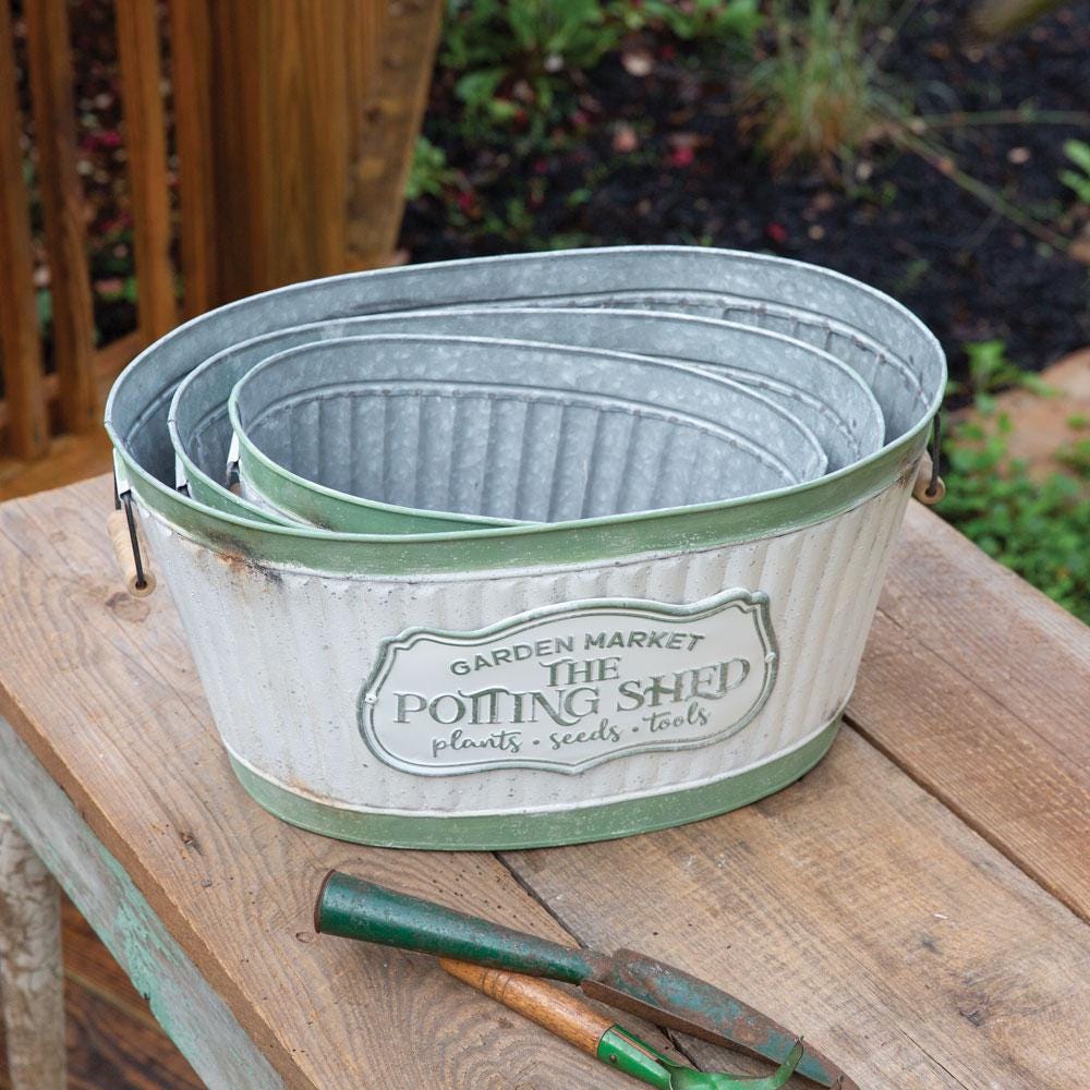Set of Three Rustic Potting Shed Buckets – Galvanized Metal with Wood Handles