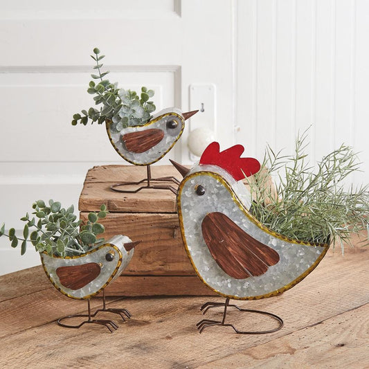 Rustic Mother Hen & Chicks Metal Planter Set | Farmhouse Country Decor