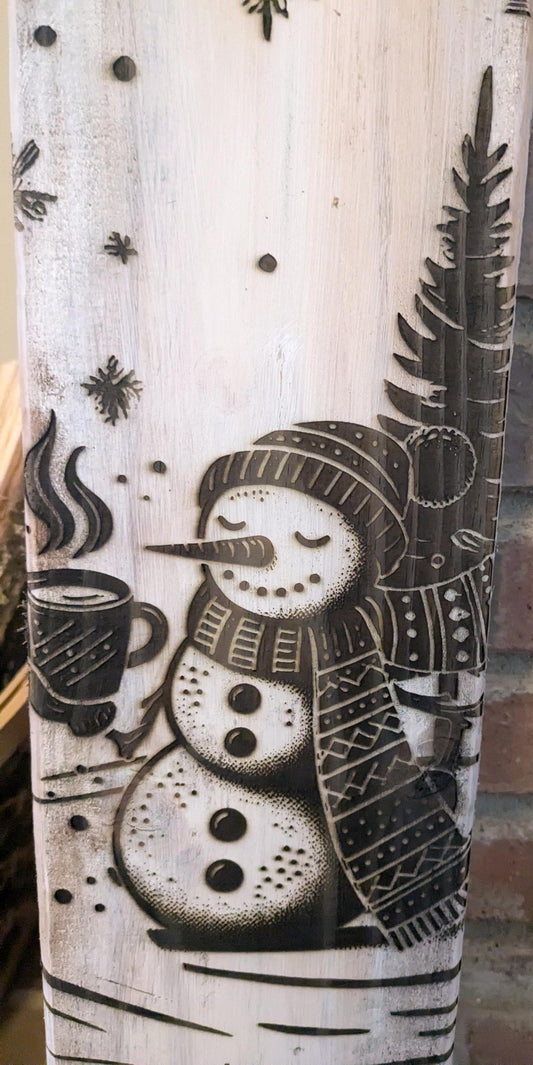 Handcrafted Etched Wooden Snowman Winter Wall Decor - "Warm and Cozy" | Fireplace, Front Porch, or Wall Hanging