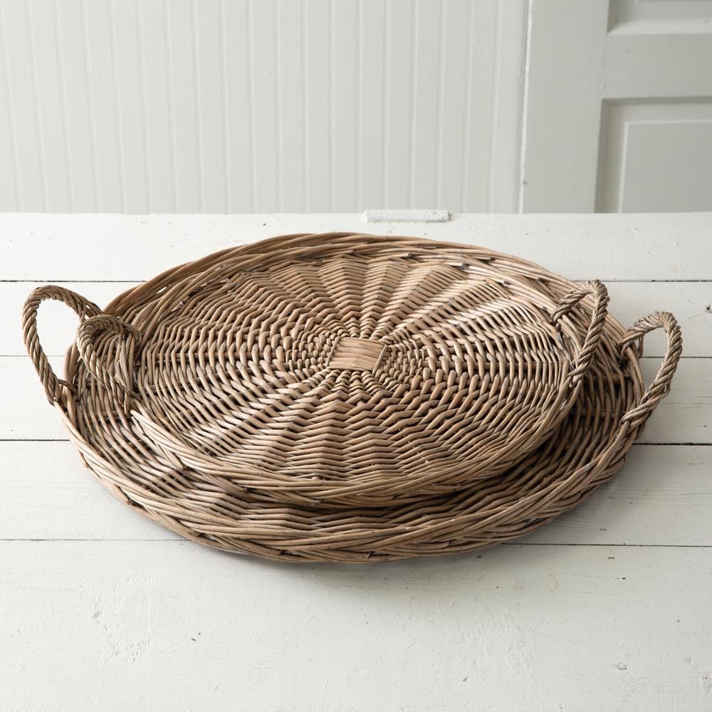 Set of Two Large Round Wicker Trays - Rustic Decorative Wall or Table Trays