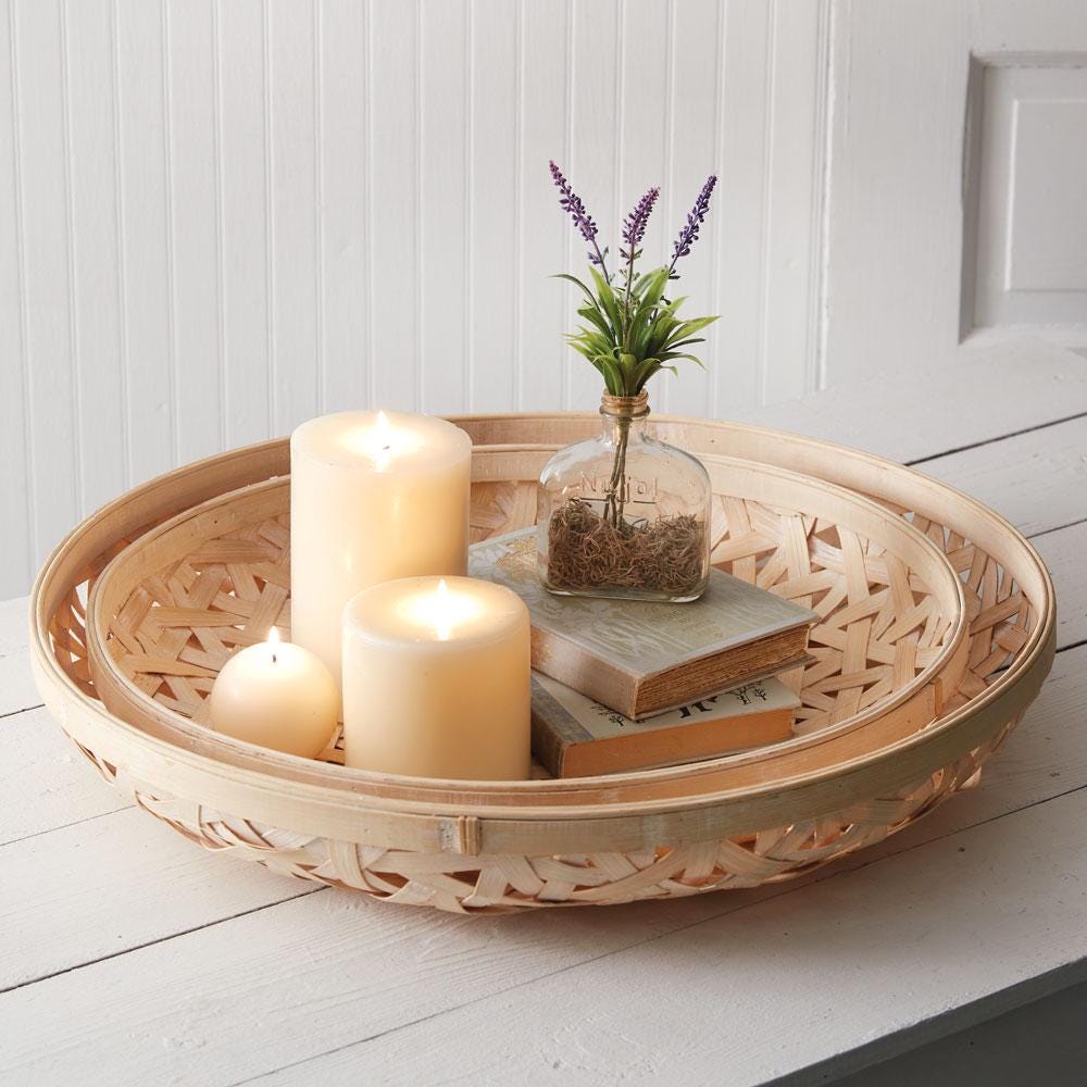 Set of Two Boho Tobacco Baskets - Rustic Bamboo Wall Decor