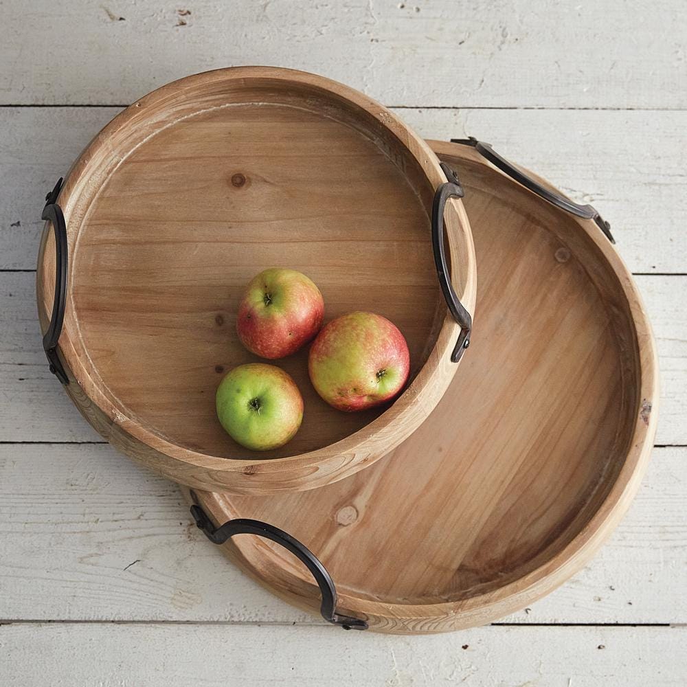 Set of Two Abrams Industrial Trays – Rustic Wood Trays with Metal Handles