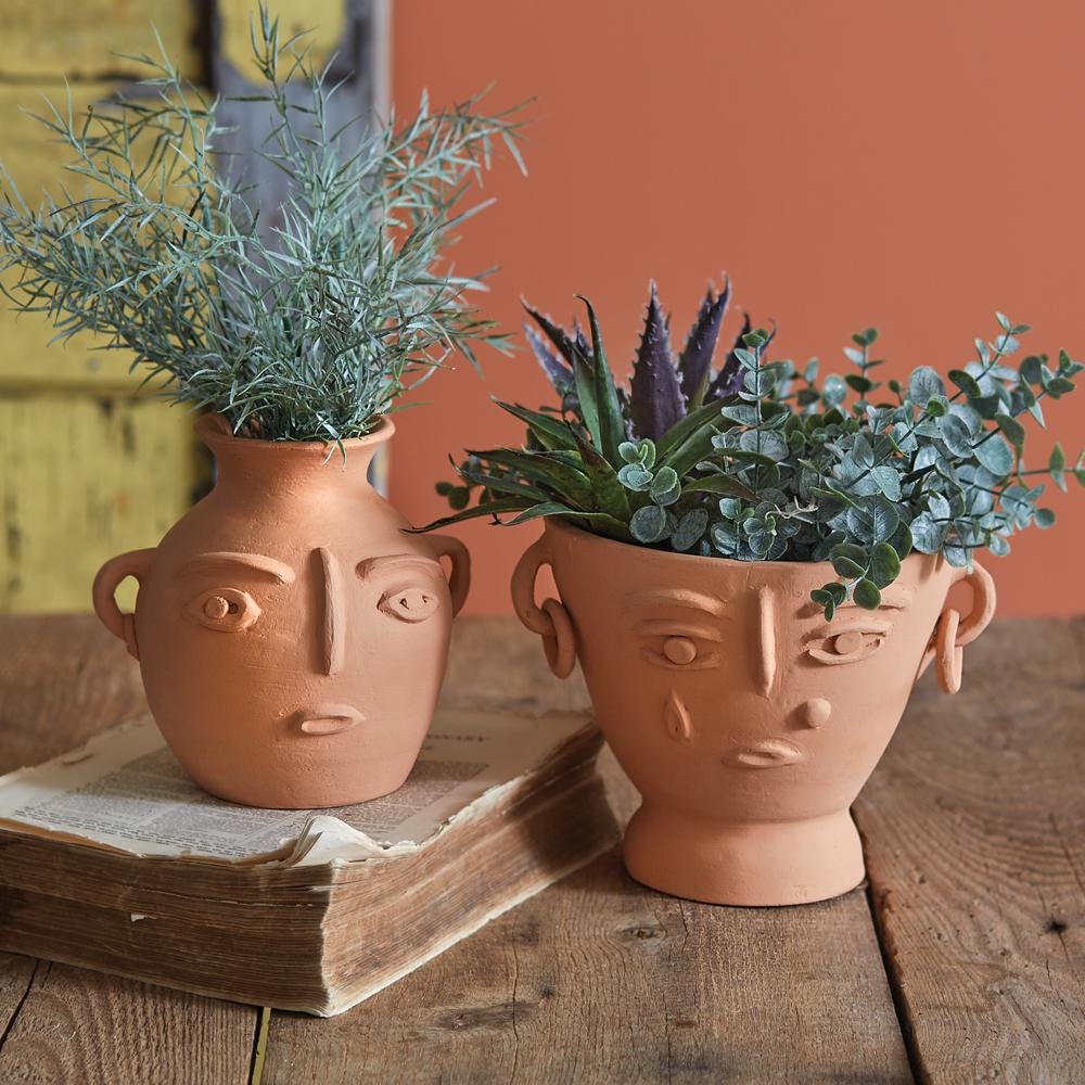 Abstract Face Terra Cotta Jug – Handmade Decorative Vase