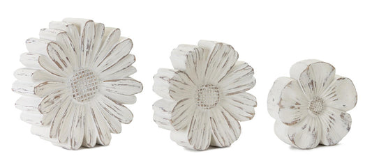White washed stone flower decor (set of 3)