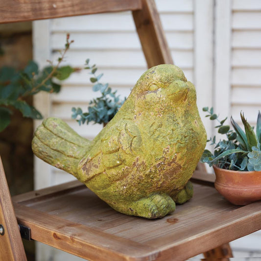 Mossy Sparrow Garden Statue – Rustic Outdoor Décor with Green Moss Finish