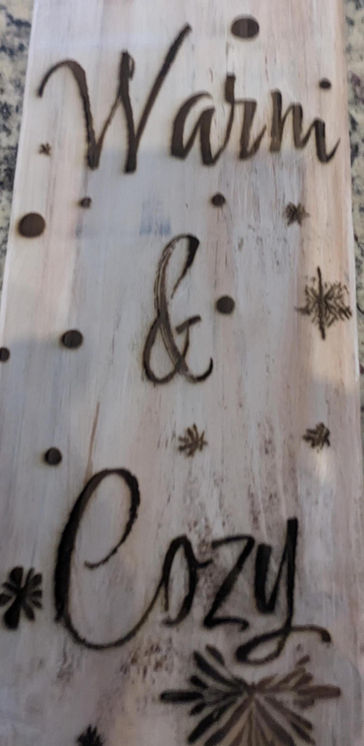 Handcrafted Etched Wooden Snowman Winter Wall Decor - "Warm and Cozy" | Fireplace, Front Porch, or Wall Hanging