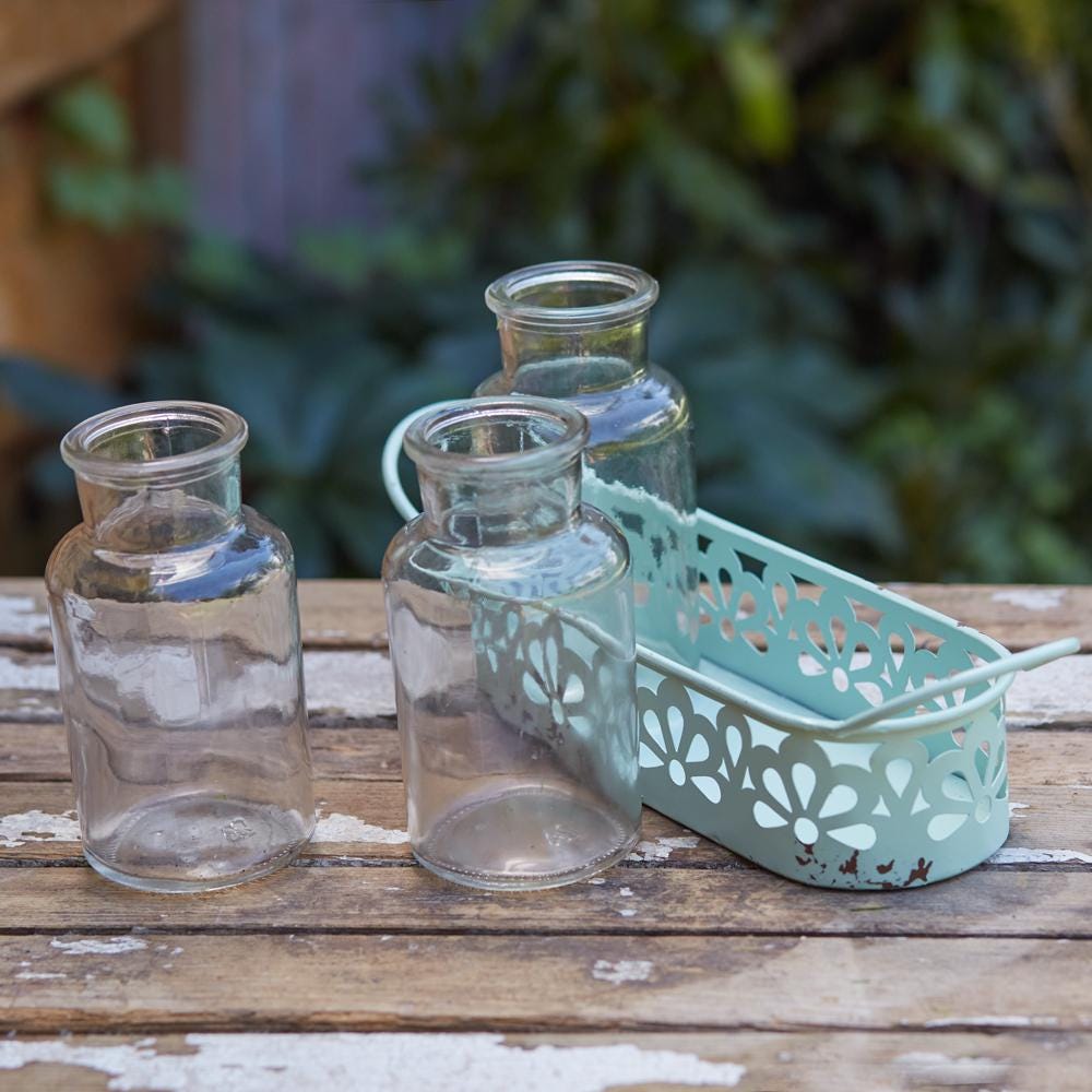 Decorative Three-Jar Caddy – Rustic Metal Holder with Glass Jars