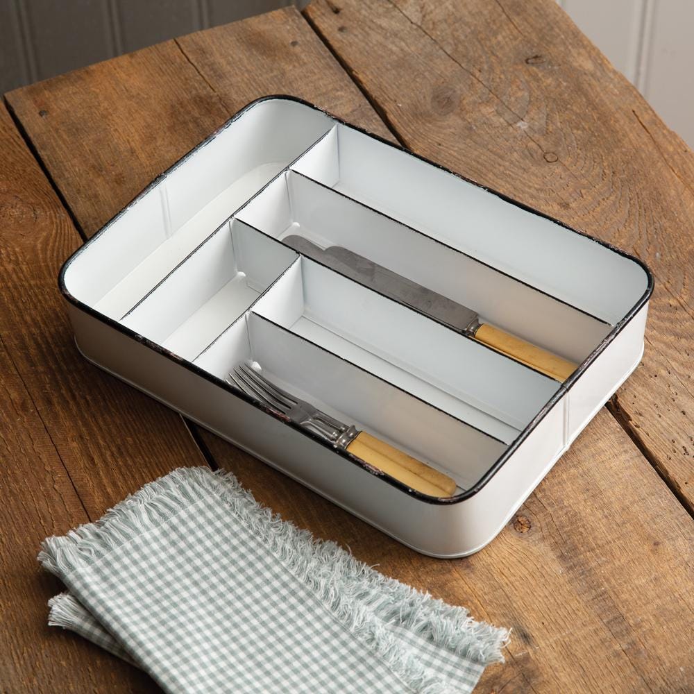 Farmhouse Cutlery Tray – Rustic Cream Utensil Organizer with Black Edges
