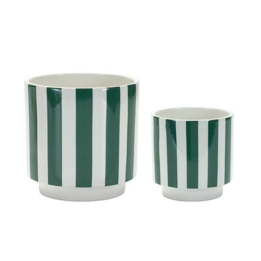 Green and white striped planter (set of 2)