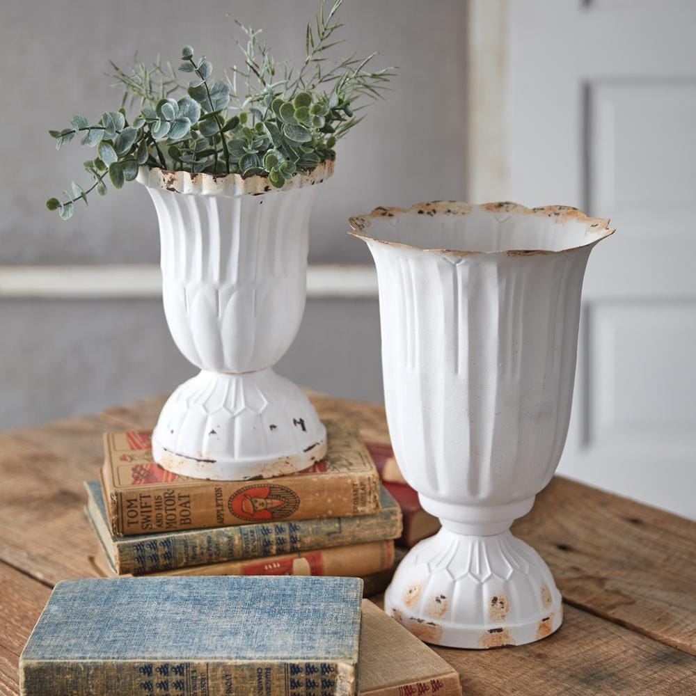 Small Scalloped Metal Vase – Rustic White French Country Flower Holder
