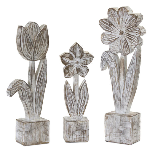 White washed potted floral sculpture (set of 3)