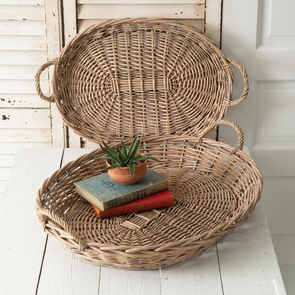 Set of Two Large Oval Wicker Trays - Rustic Decorative Wall or Table Trays