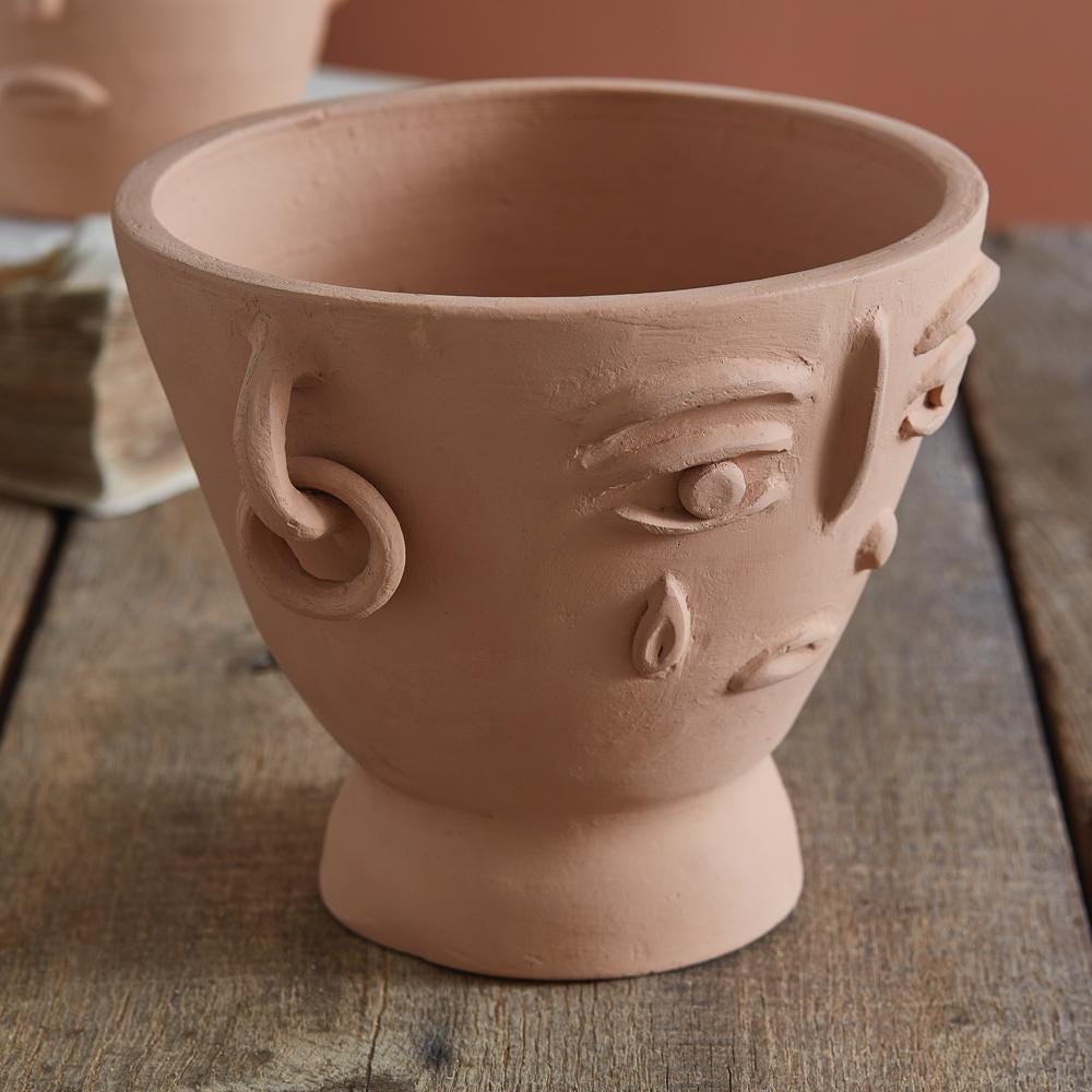 Abstract Face Terra Cotta Planter – Handmade Artistic Plant Pot