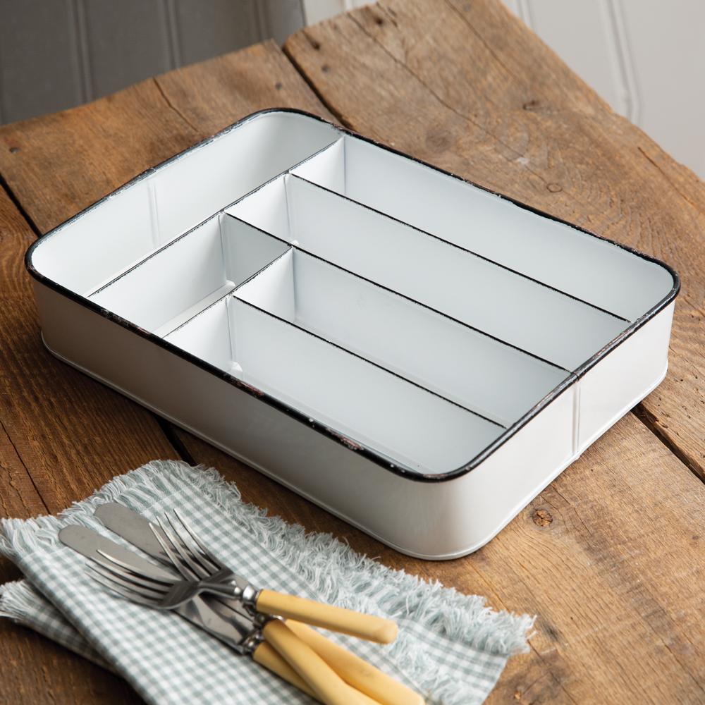 Farmhouse Cutlery Tray – Rustic Cream Utensil Organizer with Black Edges