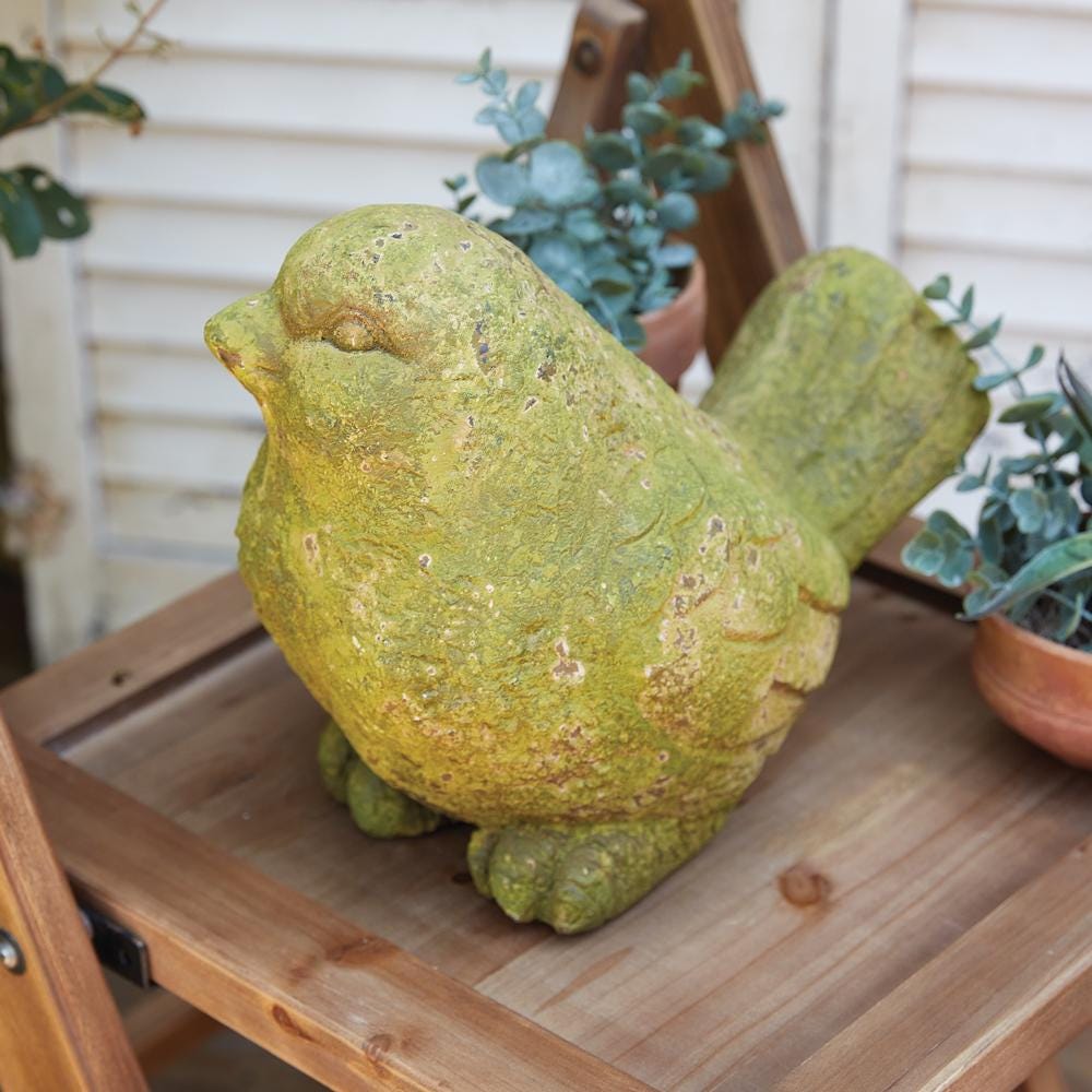 Mossy Sparrow Garden Statue – Rustic Outdoor Décor with Green Moss Finish