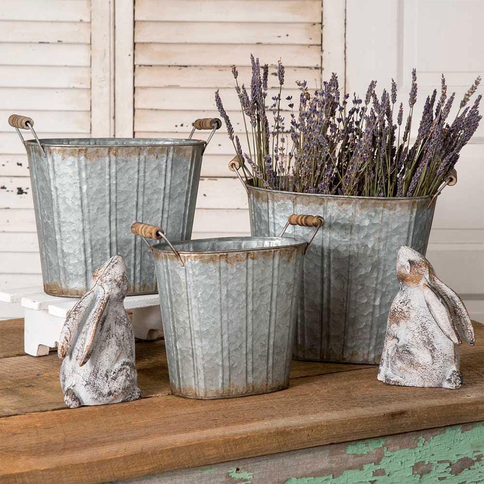 Set of Three Tapered Oval Pails – Rustic Nesting Metal Buckets