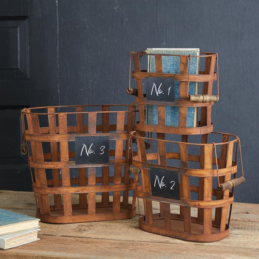 Set of Three Rustic Numbered Baskets - Antique Metal Nesting Bins