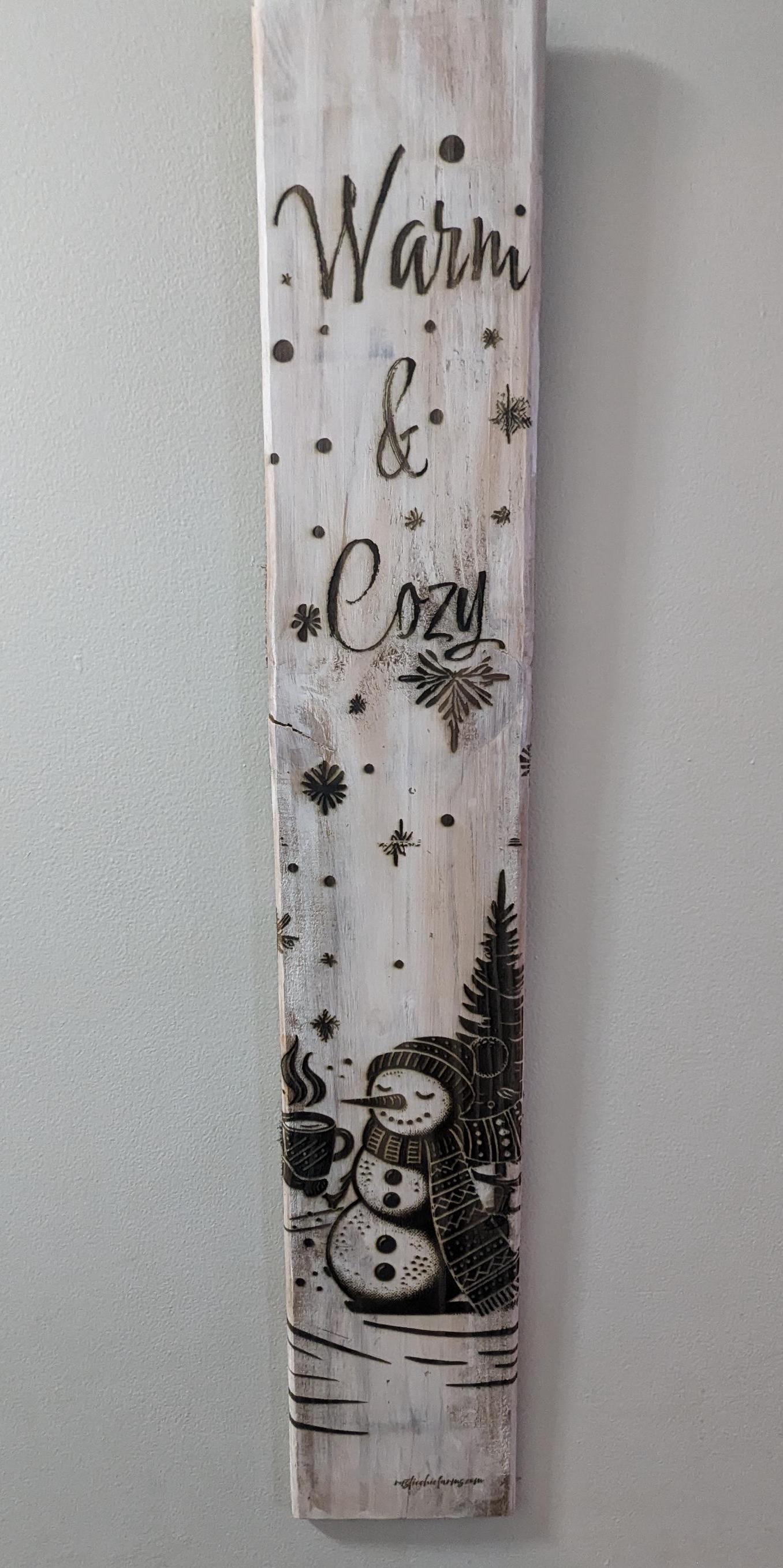 Handcrafted Etched Wooden Snowman Winter Wall Decor - "Warm and Cozy" | Fireplace, Front Porch, or Wall Hanging