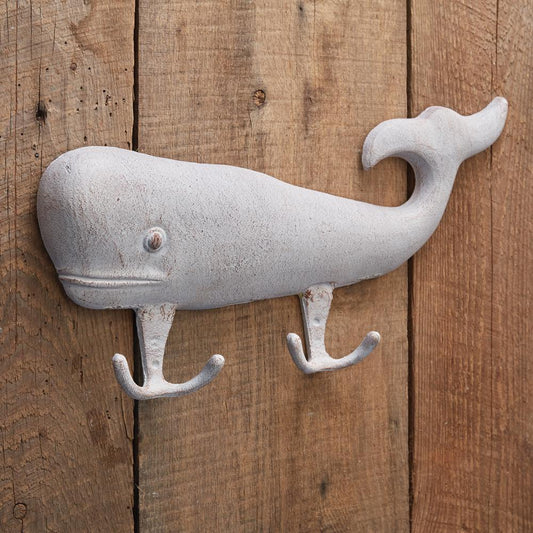 Whitewashed Cast Iron Whale Hook – Nautical Wall Decor with Double Hooks