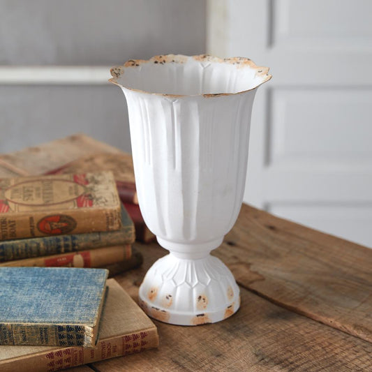 Large Scalloped Metal Vase – Rustic White French Country Flower Holder