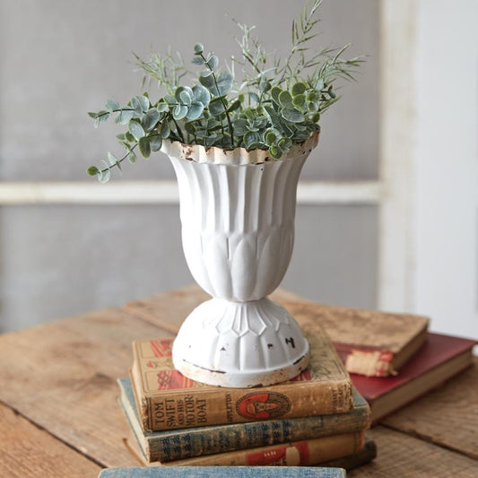 Small Scalloped Metal Vase – Rustic White French Country Flower Holder