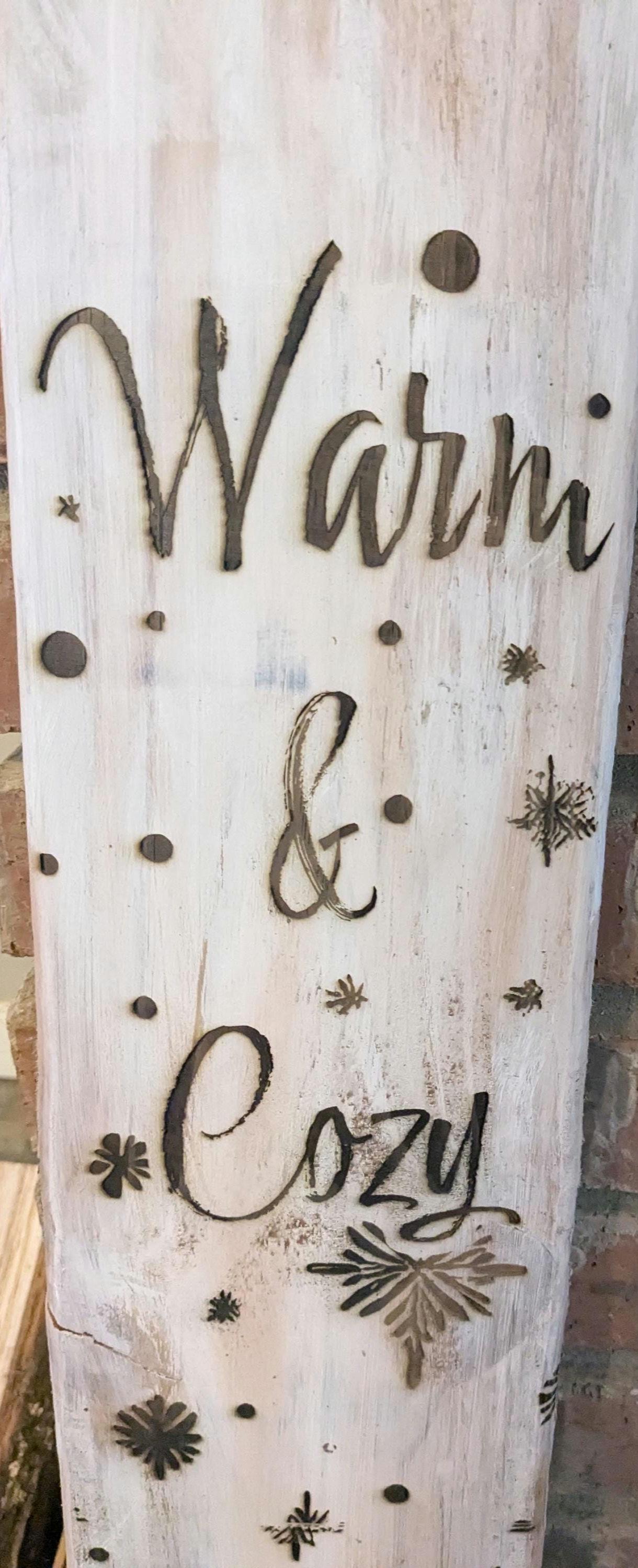 Handcrafted Etched Wooden Snowman Winter Wall Decor - "Warm and Cozy" | Fireplace, Front Porch, or Wall Hanging