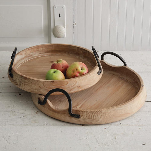 Set of Two Abrams Industrial Trays – Rustic Wood Trays with Metal Handles