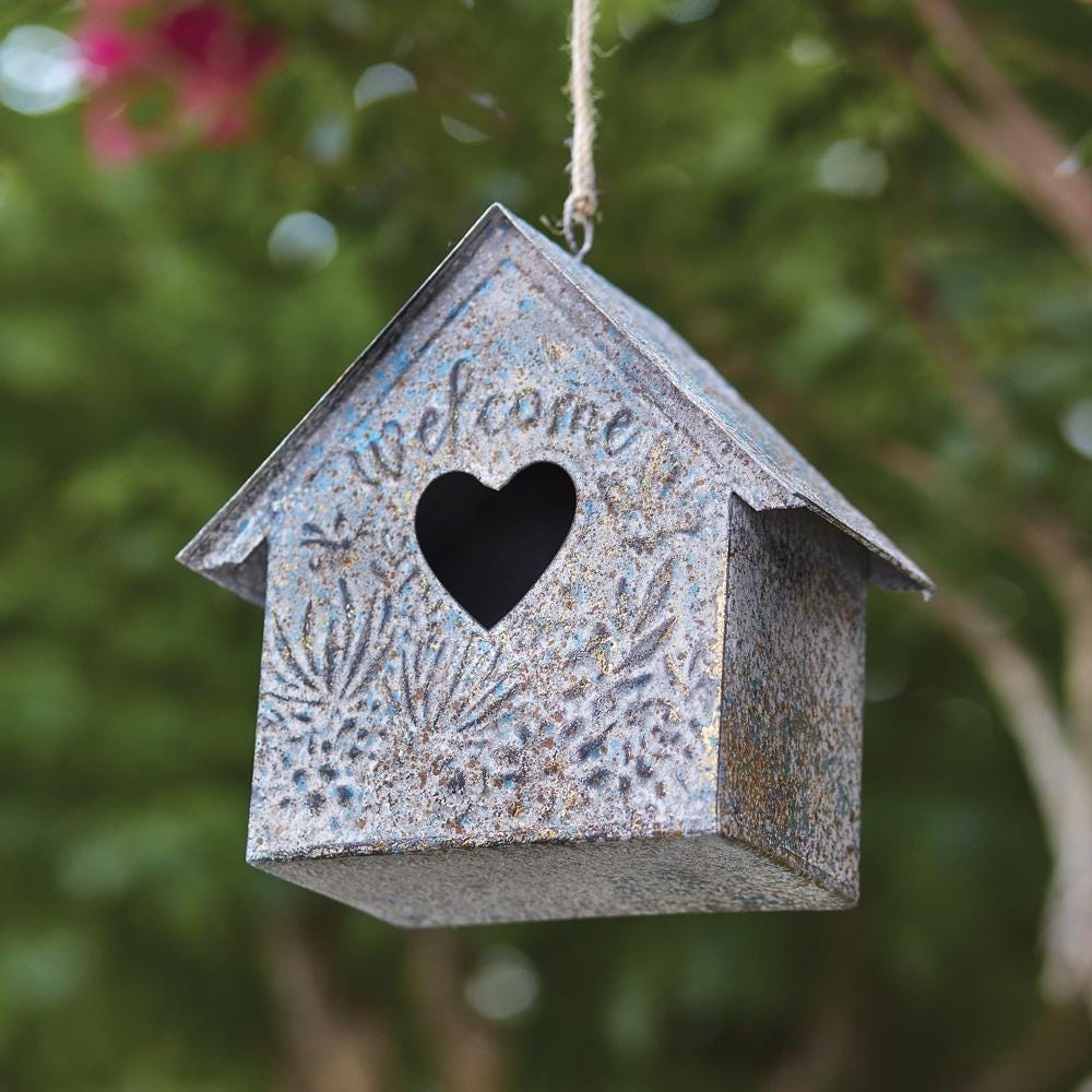 Farmhouse Denim Heart Birdhouse – Rustic Metal Hanging Decor
