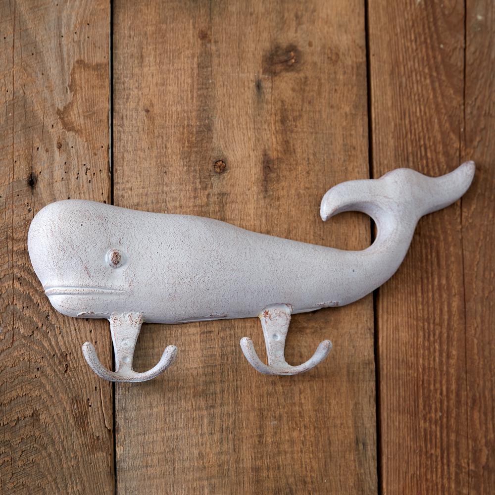 Whitewashed Cast Iron Whale Hook – Nautical Wall Decor with Double Hooks