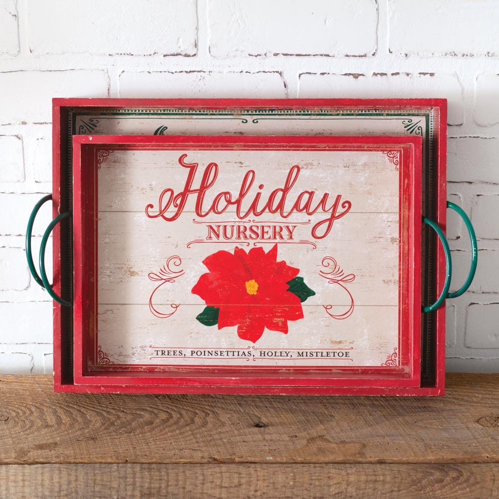 Set of Two Wood Holiday Serving Trays