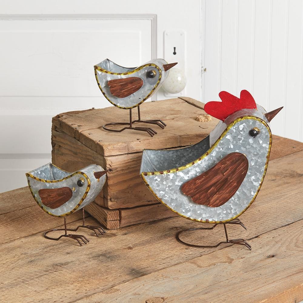Rustic Mother Hen & Chicks Metal Planter Set | Farmhouse Country Decor