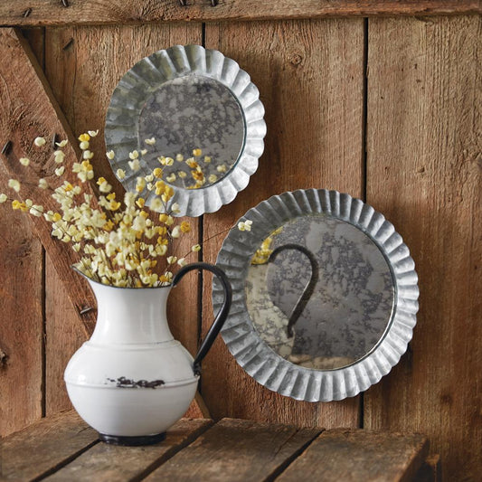 Set of 2 Pie Tin Mirrors – Farmhouse Galvanized Metal Wall Decor