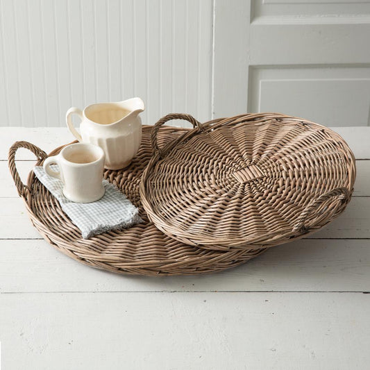 Set of Two Large Round Wicker Trays - Rustic Decorative Wall or Table Trays