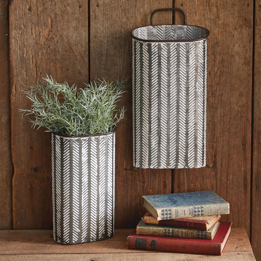 Set of 2 Tall Herringbone Bins – Rustic Metal Flower Vases or Storage