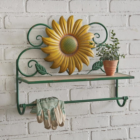 Sunflower Wall Shelf with Towel Bar – Rustic Metal & Wood