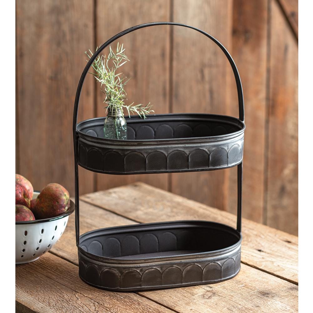 Rustic Two-Tiered Corrugated Oval Tray | Black Galvanized Farmhouse Tiered Stand