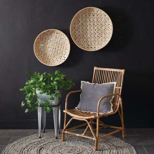 Set of Two Boho Tobacco Baskets - Rustic Bamboo Wall Decor