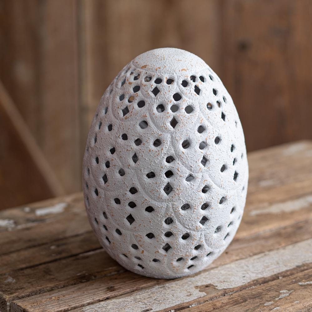 Perforated Tabletop Egg – Rustic Metal Decor