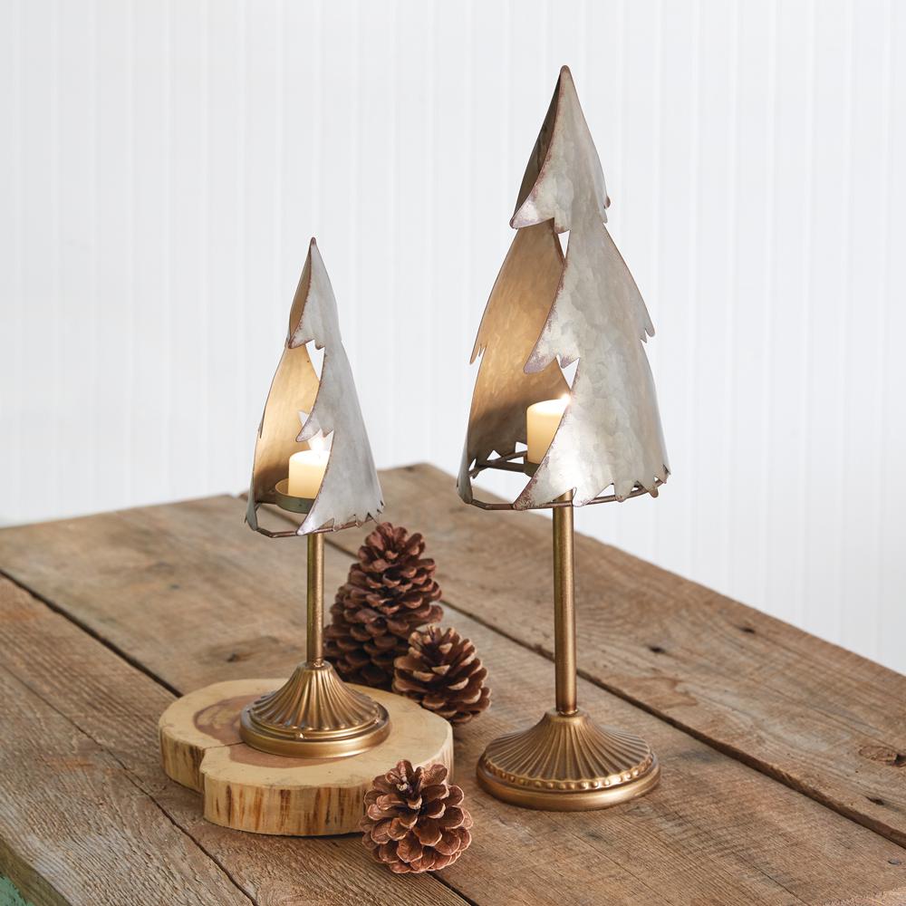 Set of Two Galvanized Tree Tealight Holders