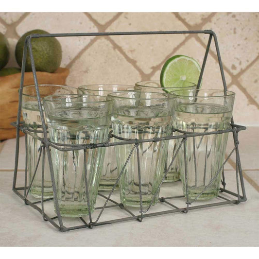 Rectangular Wire Caddy with Six Glasses - Galvanized Rustic Organizer