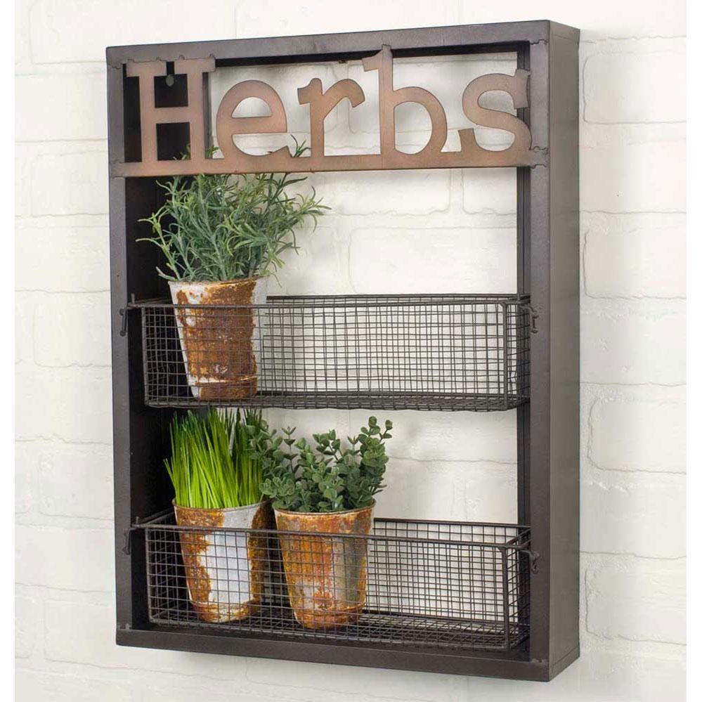Rustic Herbs Wall Shelf with Wire Baskets