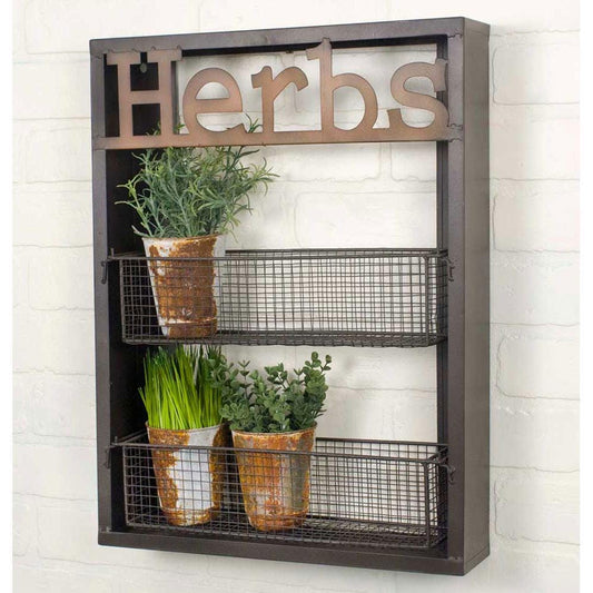 Rustic Herbs Wall Shelf with Wire Baskets