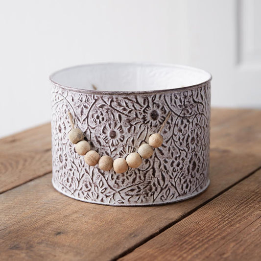 Wildflowers Stamped Metal Bucket with Wood Bead Handles – Decorative Storage