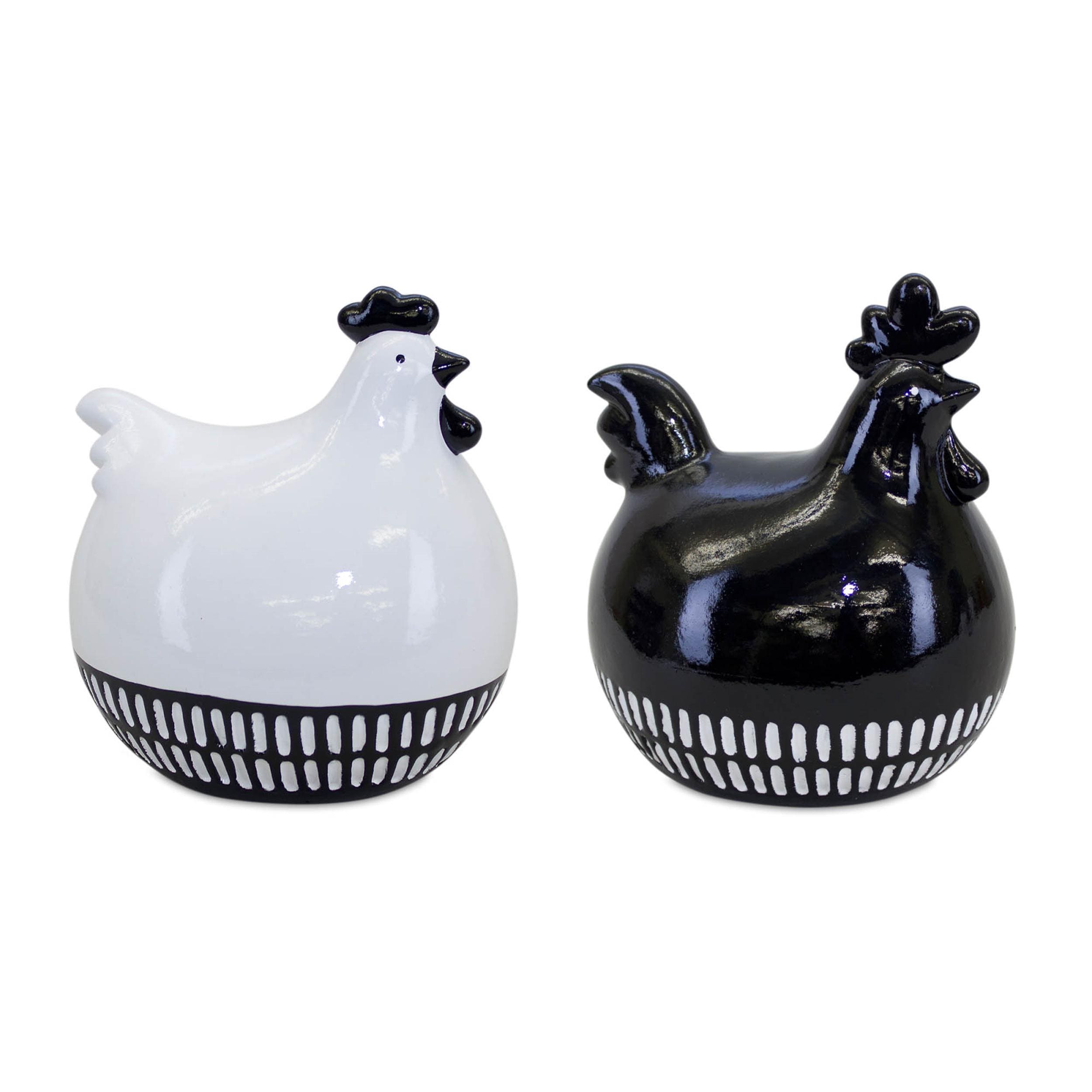 Black and White Farmhouse Chicken Decor – Terra Cotta Figurines (Set of 2)