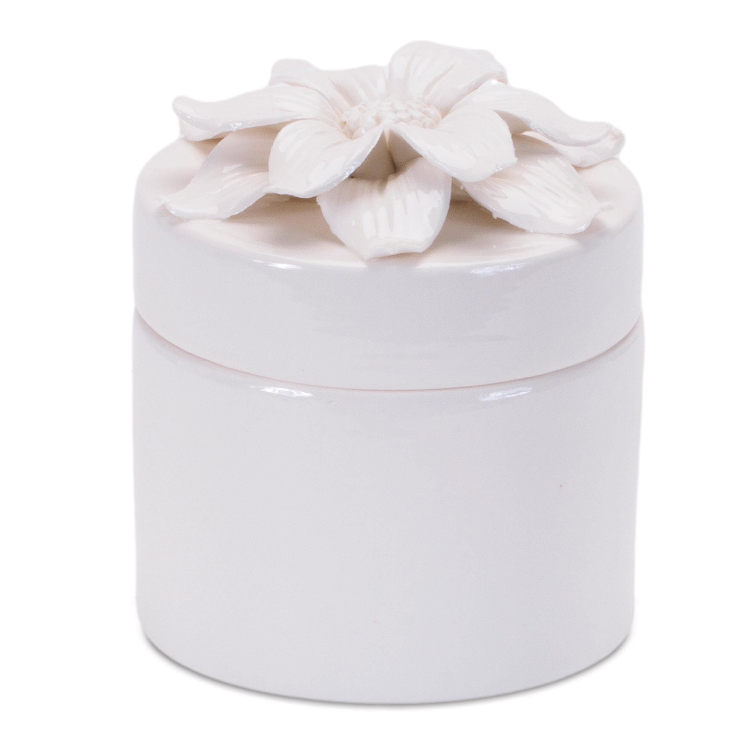White Stoneware Floral Trinket Boxes Set of 3 | Farmhouse Cottage Decor