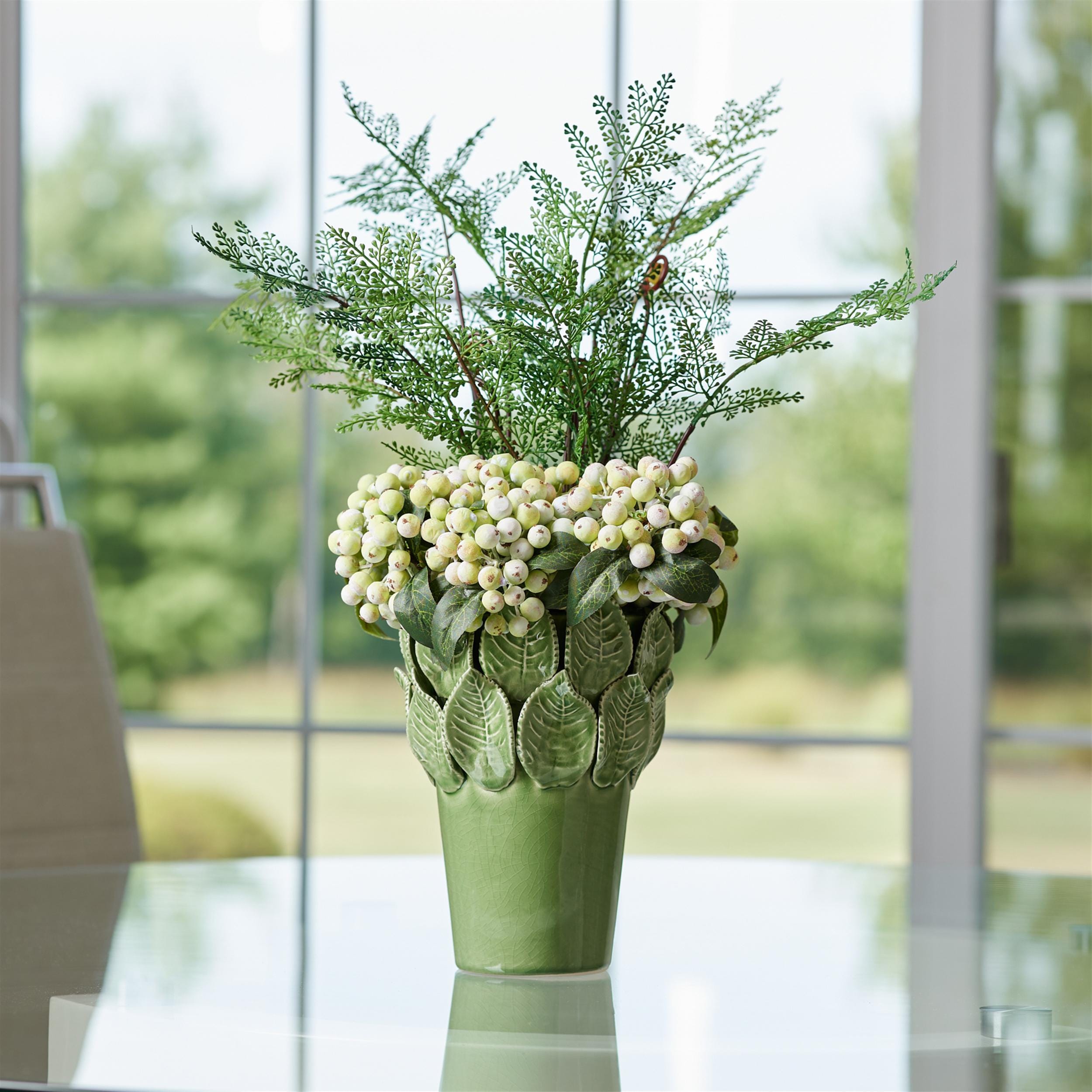 Green Stoneware Vase with Leaf Detail | Farmhouse Shelf Decor 7.5 Inch