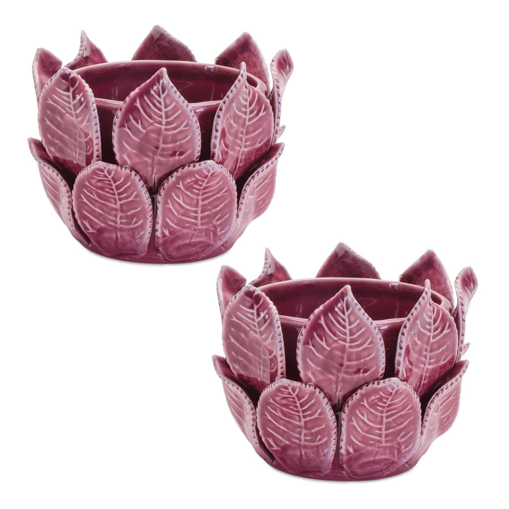 Plum Stoneware Bud Vases Set of 2 | Farmhouse Leaf Shelf Decor