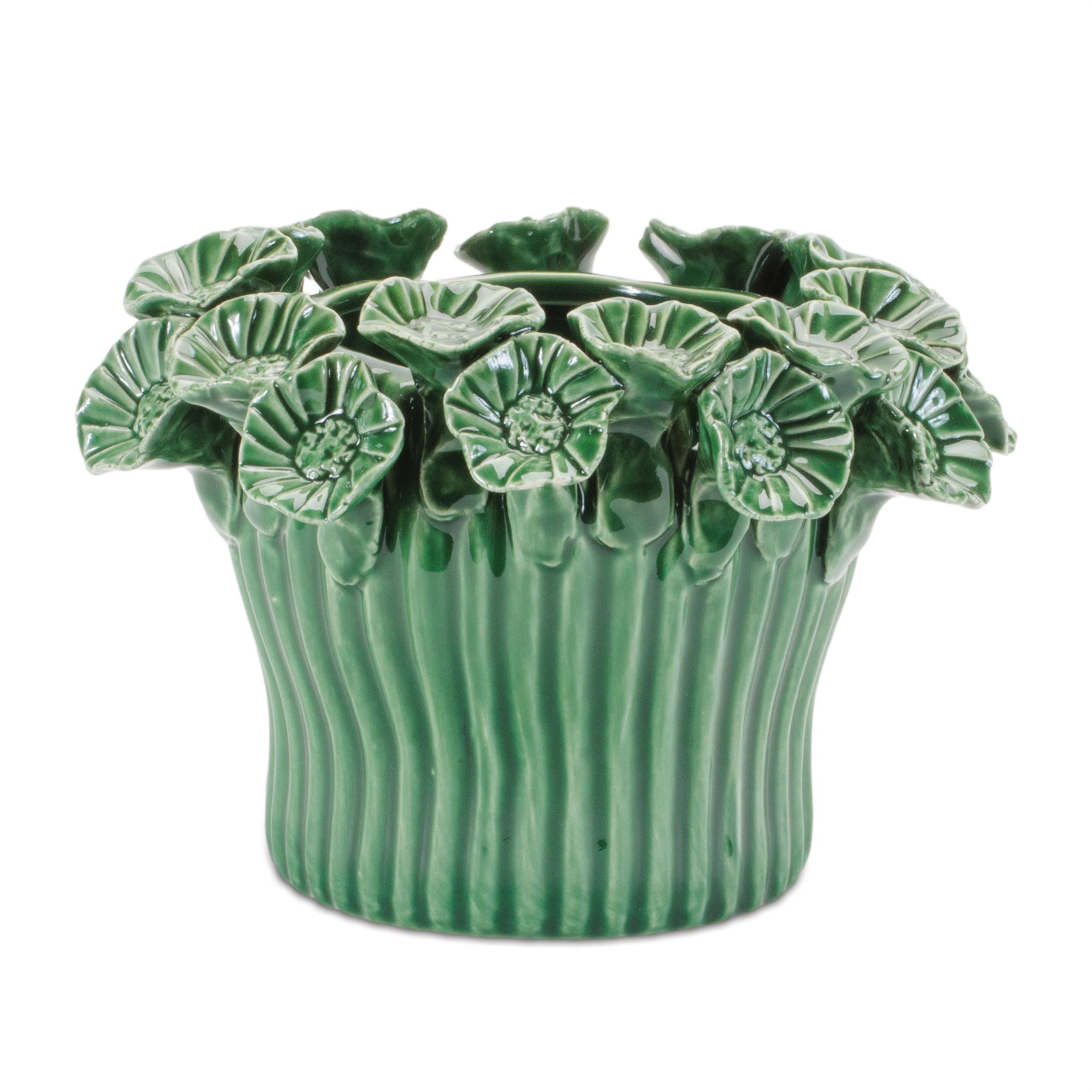 Green Stoneware Bud Vases Set of 2 | Farmhouse Floral Shelf Decor
